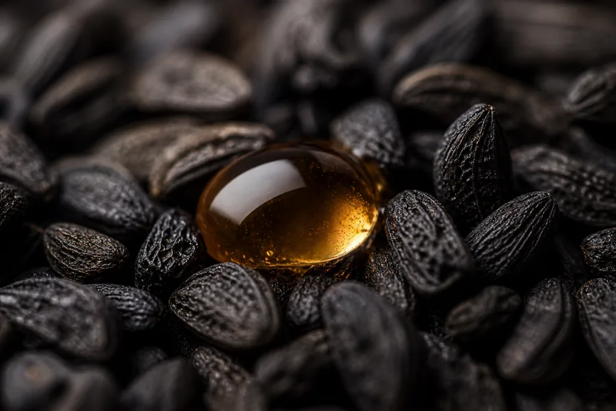 Macro de semillas de comino negro con gota de aceite rico en timoquinona